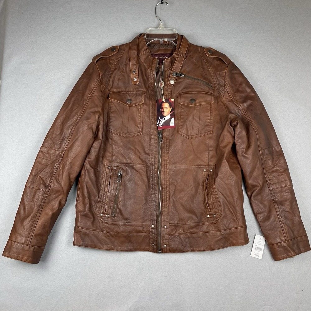 Blair Underwood Brown Faux Leather Biker Jacket Full Zip Moto Coat Mens Large L